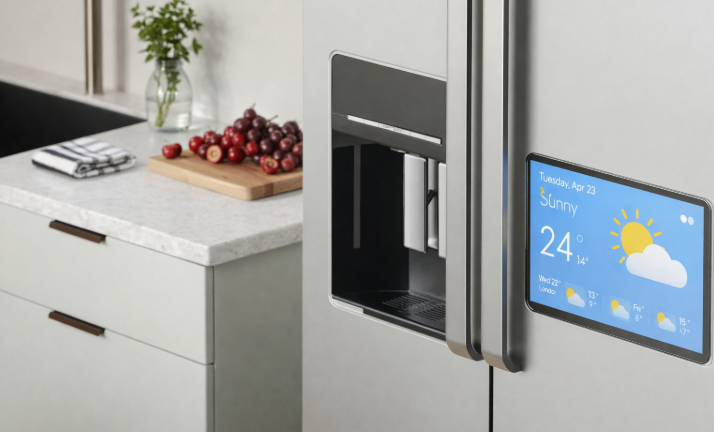 Smart refrigerator with vertical touchscreen displaying recipes and family calendar