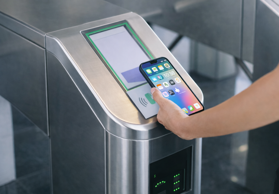 Access control turnstile system with integrated display and touch interface